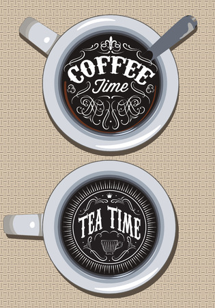 set of cups for coffee and tea with ornament and inscriptionのイラスト素材