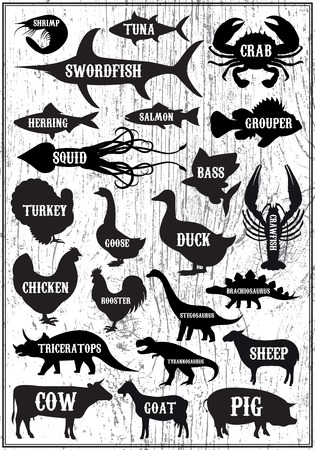 set of vector silhouettes of animals and birds on wood backgroundのイラスト素材