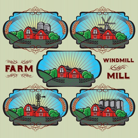 set of vector labels for farm, mill, windmill, rural landscapeのイラスト素材