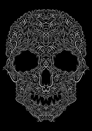 stylized human skull from Floral elements on a black backgroundのイラスト素材