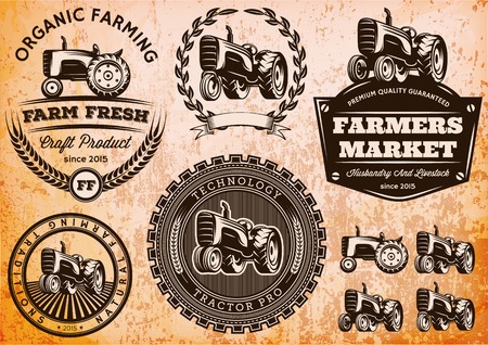 set of vector labels with a tractor for livestock and cropのイラスト素材