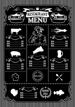 template for menu on a black background and icons of animals and drinksのイラスト素材