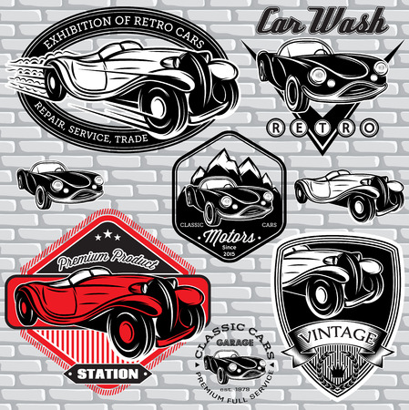 set of vector emblems with retro car on wallのイラスト素材