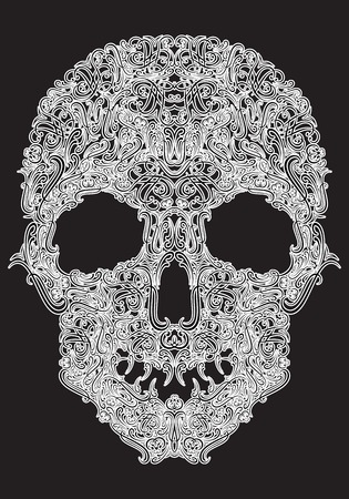 stylized human skull from Floral elements on a black backgroundのイラスト素材