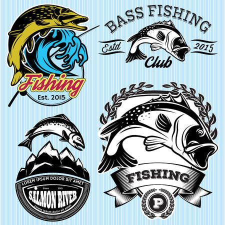set of vintage patterns with emblems for fishing with pike, salmon, bassのイラスト素材