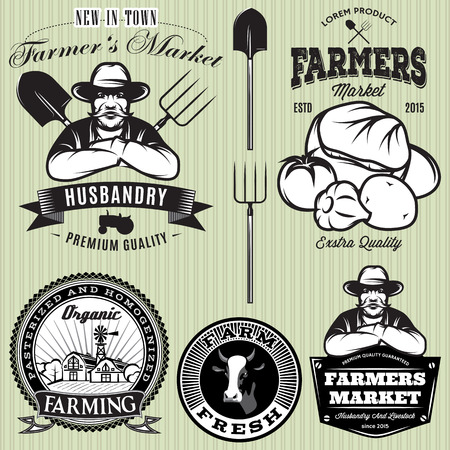 set of badges with the farmer and vegetables for the farmers shopのイラスト素材