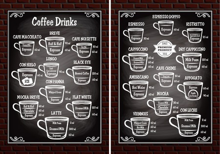 A set of cups with different coffee drinks for restaurant menuのイラスト素材