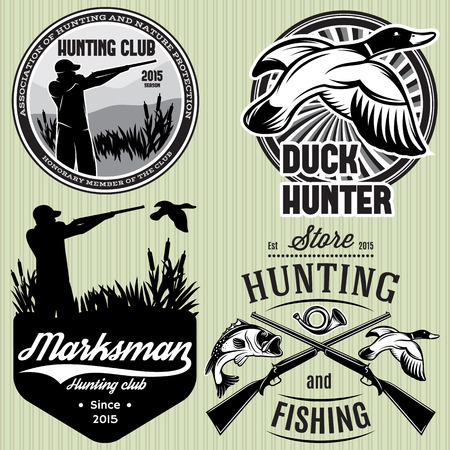 set of vector patterns with duck, dip, gun, hunter for hunting emblemのイラスト素材