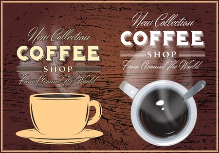 patterns of coffee with inscriptions on the background with texture of woodのイラスト素材