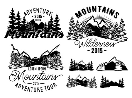 Set of monochrome patterns landscape with mountains and fir forestのイラスト素材
