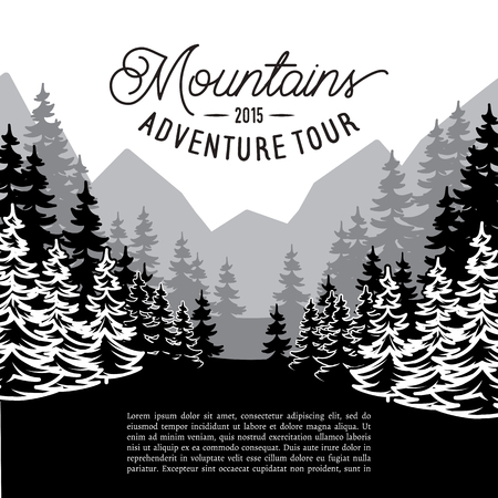 Vector multifaceted fir forest landscape against mountainsのイラスト素材