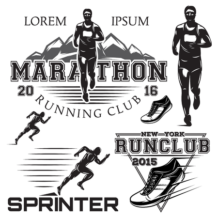 set of black and white sports emblems for the sprint and marathonのイラスト素材