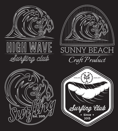 Set of white vector pattern on black background on the subject surfing, ocean, rescue on waterのイラスト素材
