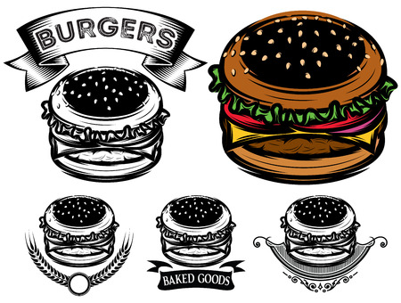 monochrome and color burger with design options for advertising fast foodのイラスト素材