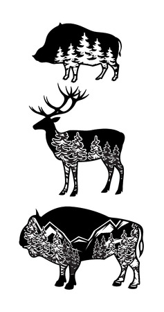 stylized image of wild boar, deer, bison with landscape of mountains, forestのイラスト素材