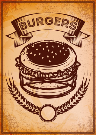 grunge advertising retro poster with burger for fast foodのイラスト素材