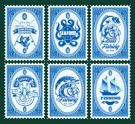 set vector template of stamps with elements fishing, seafoodのイラスト素材