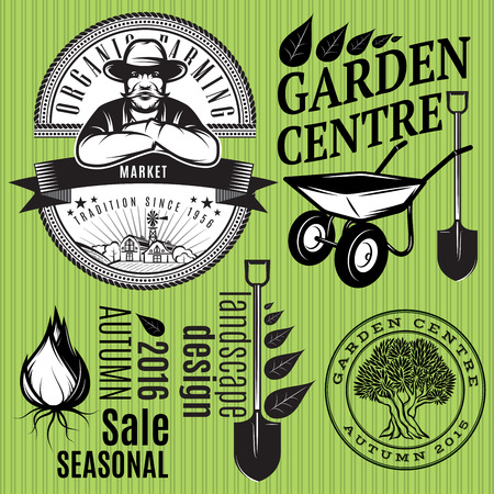 set of retro badges with the farmer for gardening or organic farmingのイラスト素材