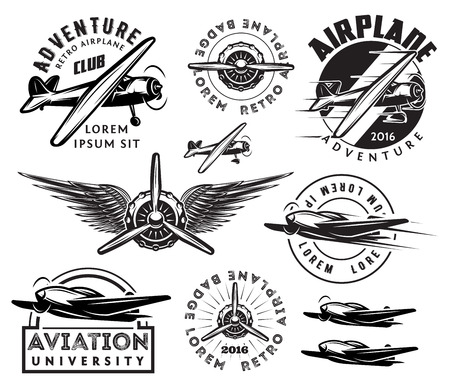 retro pattern set of monochrome planes, badges, design elementsのイラスト素材