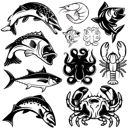 set of monochrome river freshwater and marine fish and shellfishのイラスト素材