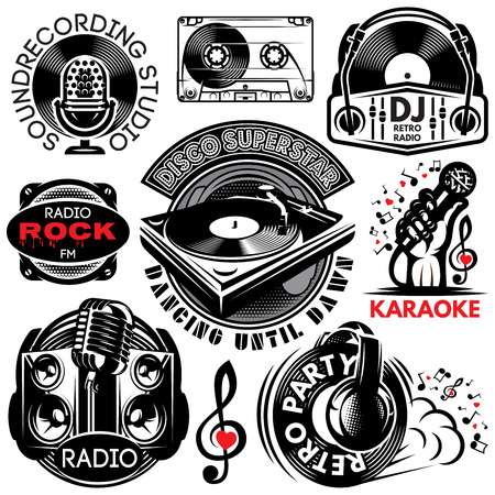 set of retro badges templates for karaoke, disco, party, radio, singingのイラスト素材
