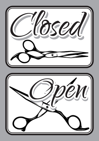 Set of retro door signs for barber shop with scissorsのイラスト素材