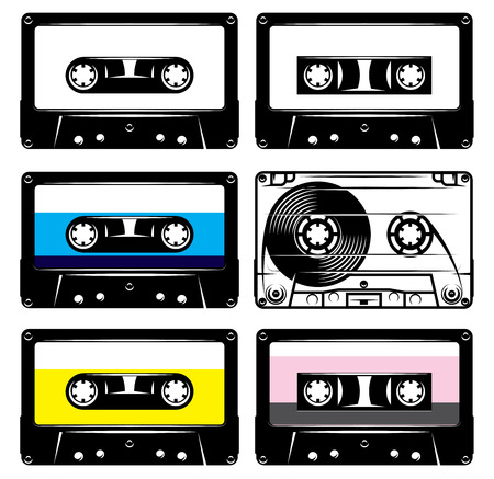set of vintage black plastic and transparent cassettesのイラスト素材