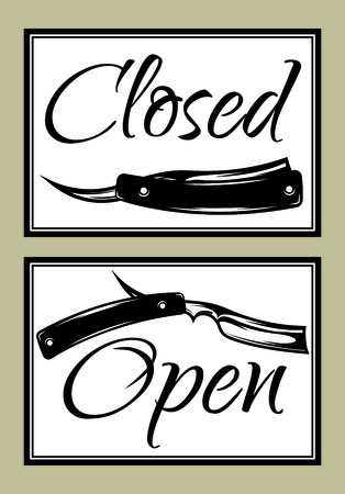 Set of retro door signs for barber shop with scissorsのイラスト素材