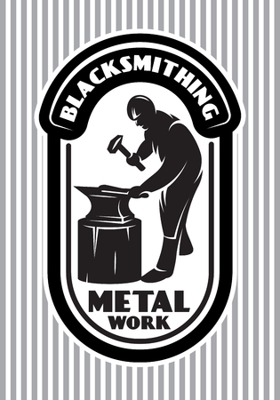 monochrome vector template for the logo in retro style with blacksmith hammer, anvil in the smithyのイラスト素材