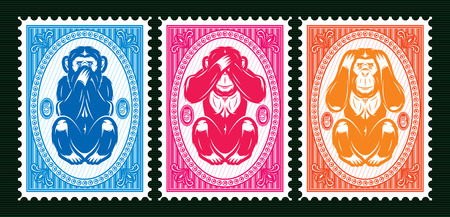 set of three colored  template with three monkeysのイラスト素材