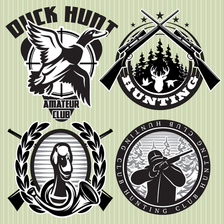 vector set of hunting labels with wild ducks and deer headのイラスト素材
