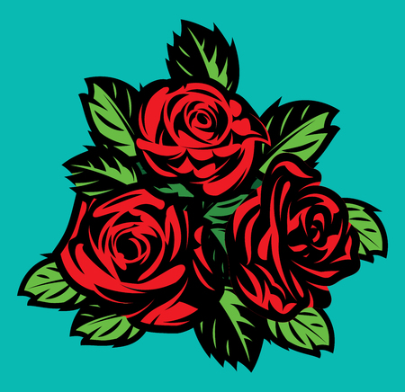 vector set of three blooming roses with leaves for designのイラスト素材