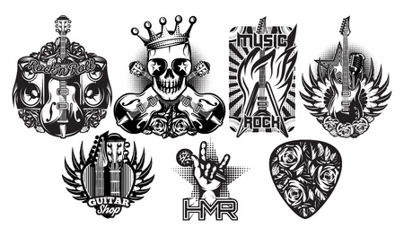 Set of monochrome vector patterns on the theme of rock music, rock and rollのイラスト素材