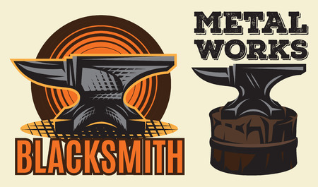 Set of vintage colored blacksmith labels with anvil. Vector illustration.のイラスト素材