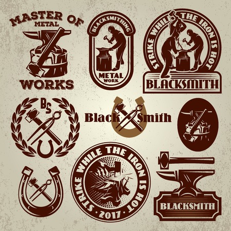vector set of badge, design elements, templates for design on the theme of blacksmithingのイラスト素材