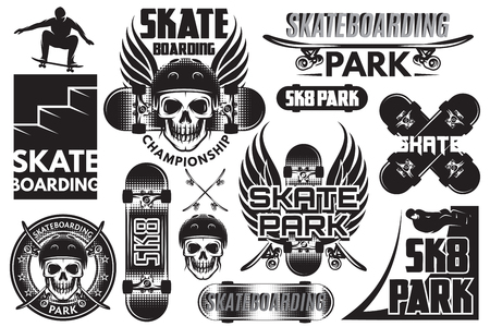 Set of monochrome vector templates for skeytboarding with skull, board, wings and other elementsのイラスト素材