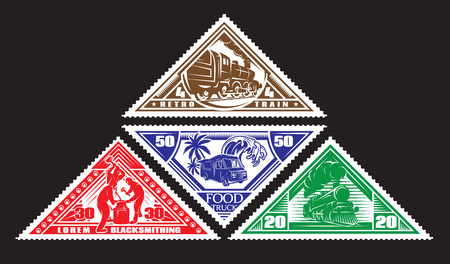 four colored pattern of postage stamps with vintage trains, blacksmiths, food truckのイラスト素材