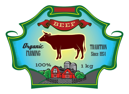 Label for packing beef with cow. Vector color illustrationのイラスト素材