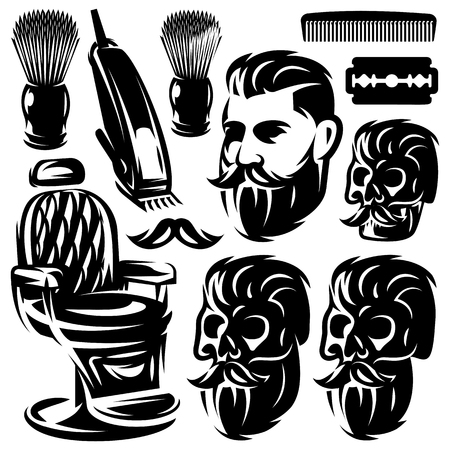 Set of different monochrome design elements for a barber shop. Vector illustrationのイラスト素材