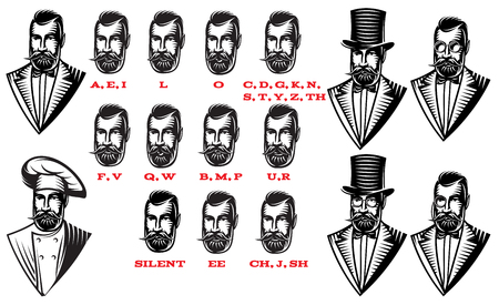 Set for man characters speaks animation. Set of frames. Teaching talk letters monochrome vector illustration.のイラスト素材