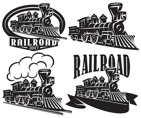 Set of vector logos in vintage style with locomotives. Emblems, labels, badges or patterns on a retro railroad themeのイラスト素材