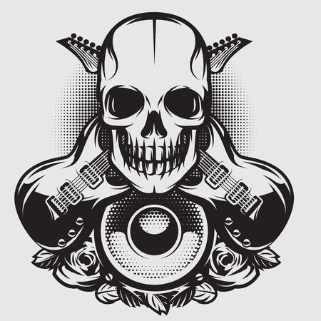 Vector monochrome illustration on a theme of rock music with skull, speaker and guitarsのイラスト素材