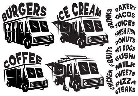 Set of vector mobile shops, vans, food trucks with various inscriptions.のイラスト素材
