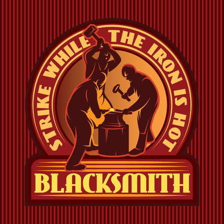 Color emblem in retro style with three blacksmiths working in smithyのイラスト素材