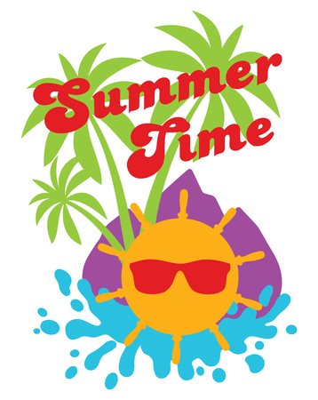 Colored vector illustration with sun, sunglasses, palms, surf.のイラスト素材