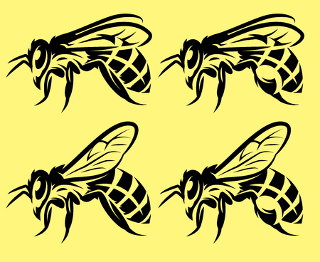 set of vector monochrome illustrations with different bees.のイラスト素材