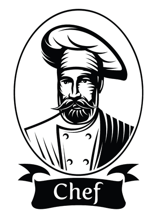 vector monochrome illustration with chef in frame for menu.のイラスト素材