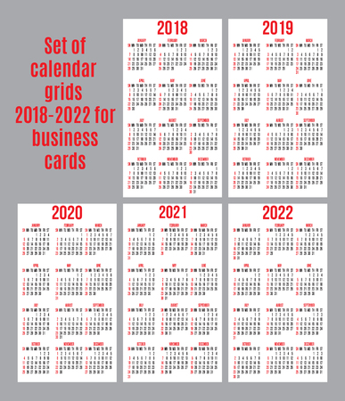 vector set of calendar grids for years 2018-2022 for business cards on white backgroundのイラスト素材