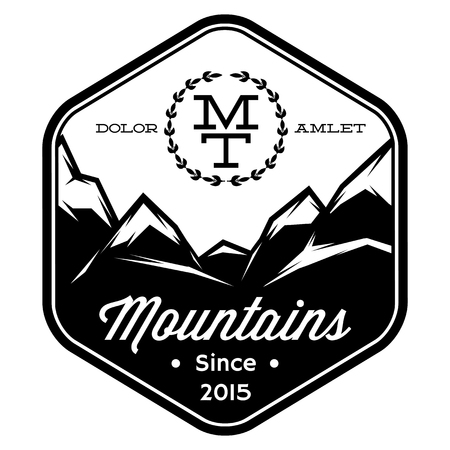 Letters M and T symbols with mountain design in monochrome, vintage style illustration.のイラスト素材