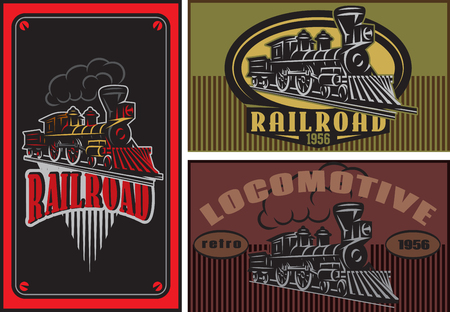 Set of vector colored business cards templates with retro locomotives.のイラスト素材